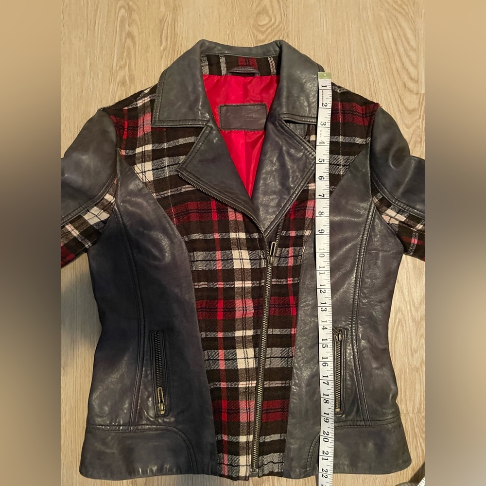 Betty Barclay Size 4 Leather & Plaid Wool Moto Jacket Mixed Media European - Picture 14 of 16